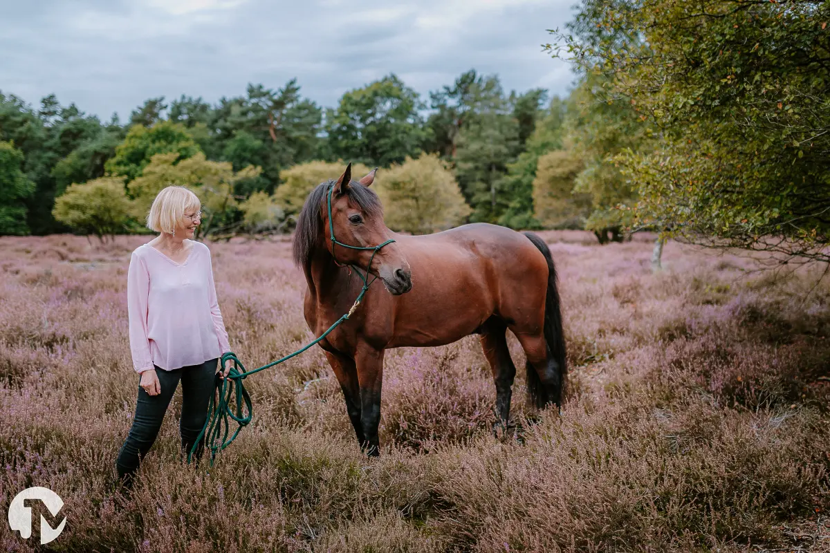 vrouw in roze trui kijkt naar bruin paard dat wegkijkt in de heide