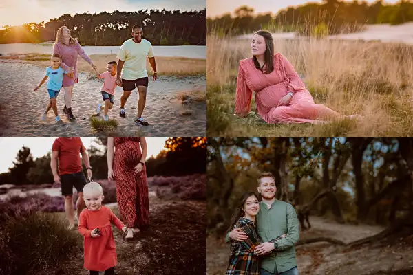 Fotoshoot in het zand, tussen de heide, gras en bomen.