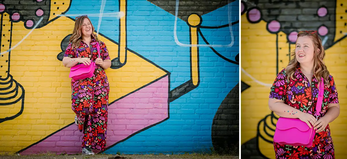Fotoshoot met een collega fotograaf in Breda bij gekleurde muur.