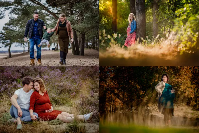 Vier verschillende zwangerschapsfoto in vier verschillende seizoenen.